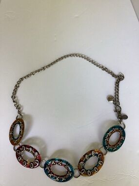 Chico’s Colorful Enamel Link Belt Adjustable Silver Tone Boho Western Medallion